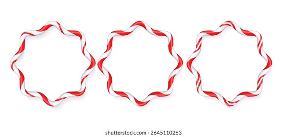 Curly wavy empty frames in the form of Christmas candy striped cane, place for text. Holiday banner xmas . Vector illustration isolated, on white background
