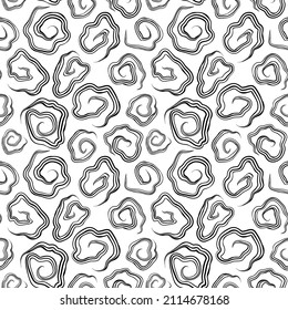 Garabatos ondulados en espiral ondulada, fondo transparente blanco y negro. Impresión de elementos helix dinámicos caóticos al azar. Resumen de patrón vectorial monocromo para diseño textil, superficial, gráfico.