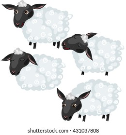 Curly white sheep with black heads. Vector illustration.