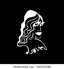 Curly woman in a hat.Woman face with one line.Lettering love.International Women's Day.Creative portrait isolated on black background.Vector sign illustration for card,poster,print.Feminism concept.