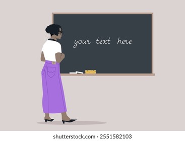 A curly woman seen from behind writing on a classroom chalkboard