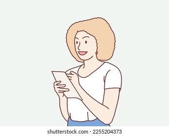 Curly woman taking notes in copybook standing simple korean style illustration