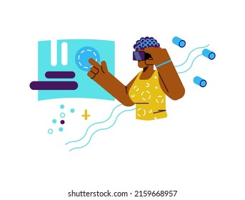 Curly woman trying to touch metaverse flat style, vector illustration isolated on white background. Character in virtual reality glasses, modern VR technologies