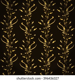  Curly yellow flowers. Vector seamless pattern. Dark background