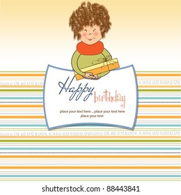 Curly young girl offer a special gift