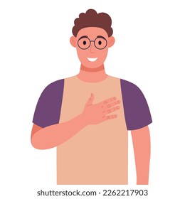 Un joven gafas, ridículamente, expresa su sentimiento positivo a la gente, mantente a la mano en el pecho o en el corazón. Ilustración vectorial.