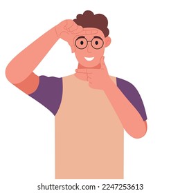 Curly young man in glasses focusing with they fingers, making frame with hands. Vector illustration.