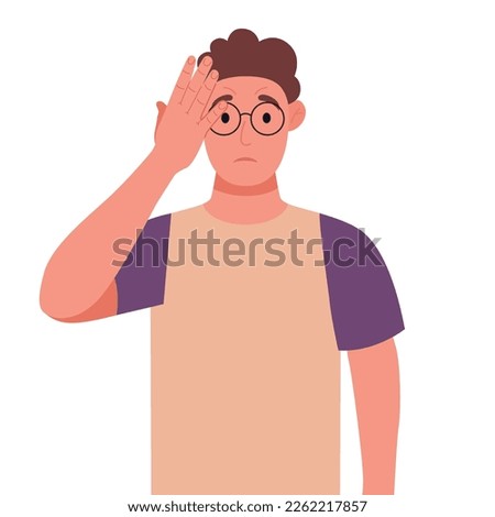 Curly young man in glasses with a gestures facepalm. Headache, disappointment or shame. Vector illustration.