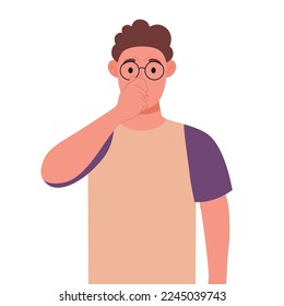 Curly young man in glasses holding fingers on nose Vector illustration.