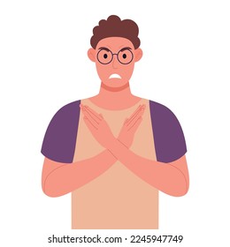 Curly young man in glasses making X shape, stop sign with hands and negative expression. Vector illustration.