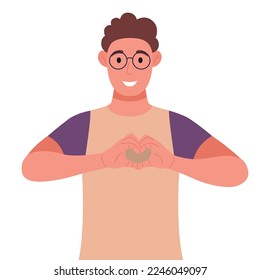 Joven rizado en gafas haciendo o gestando el símbolo del corazón con los dedos. Ilustración vectorial.