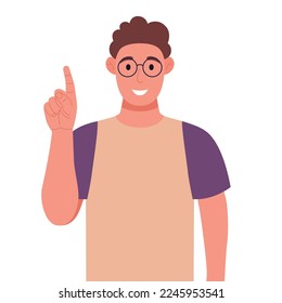 Curly young man in glasses pointing up finger while standing and smiling. Concept of a great idea. Vector illustration.