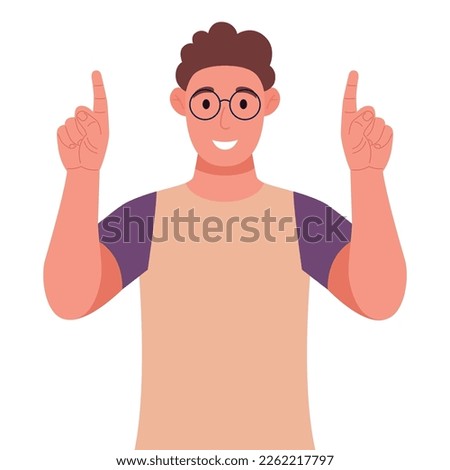 Curly young man in glasses pointing up fingers while standing and smiling. Pointing copy space. Vector illustration.