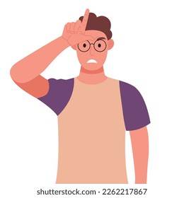 Curly young man in glasses showing loser sign on forehead with fingers. Vector illustration.