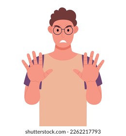 Curly young man in glasses shows stop gesture with their hands. Vector illustration.