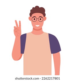 Curly young man in glasses shows victory gesture. A sign of success and peace. Vector illustration.