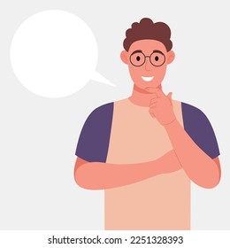 Curly young man in glasses thinks. Pondering on particular belief or idea, empty cloud bubble for text or image. Vector illustration.