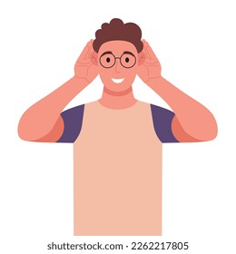 Curly young man in glasses trying to hear something seriously. The guy is raising his hands to his ears. Vector illustration.