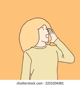 Curly young woman shouting and screaming loud to side with hand on mouth simple korean style illustration