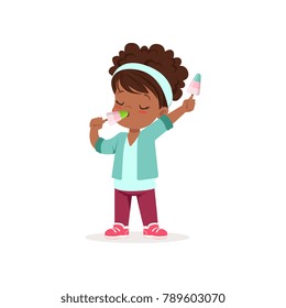 Curly-haired african baby girl holding and eating two ice-cream on stick. Summer delicious dessert. Cartoon child character in casual outfit. Flat vector illustration