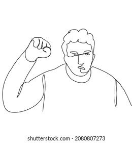 Curly-haired angry man with a protest look and a raised fist drawn in one line on a white back. Stock illustration of a protesting worker with a menacing expression. Image with editable outline.