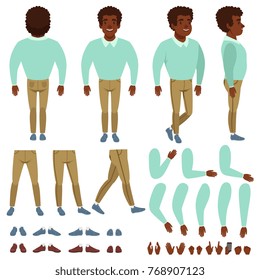 Curly-haired black man constructor. Cartoon creation set with various views front, side, back. Body parts, different hands gestures, collection of shoes. Isolated flat vector