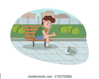 Curly-haired bored boy on the bench feeds a pigeon