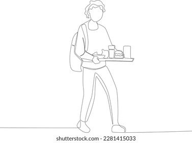 Curly-haired boy carrying a bag and a tray of food. Lunch at school one line drawing