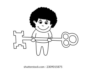 A curly-haired boy holds a big key in his hands and smiles. Single color vector cartoon doodle drawing.