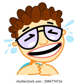 Curly-haired boy laughing to tears in glasses on a white background. Stock illustration of hysterical laughing student. Lol