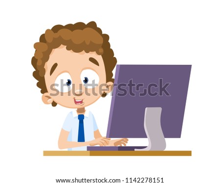 Curly-haired boy in shirt and in tie is sitting with computer at table. Blue-eyed child studying modern technology. One smart kid is in computer class. Multi-colored illustration on white background