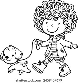 Curly-haired boy walks with his dog. Isolated outline cartoon kids vector illustration