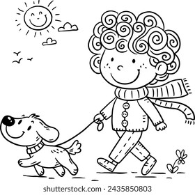 Curly-haired boy walks outdoors with his dog on a sunny spring day. Coloring page for children. Outline cartoon vector illustration