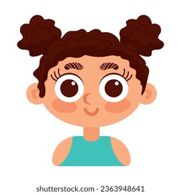 Curly-haired brunette girl in blue top smiling. In cartoon style. Human emotions. Psychological health, Welness