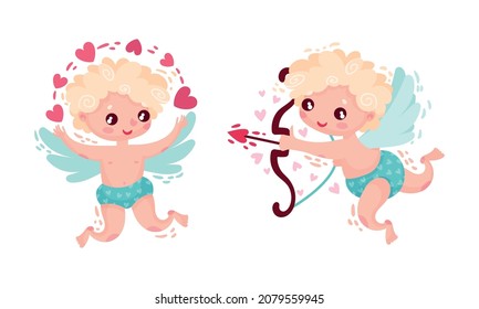 Curly-haired Cherub Character as Saint Valentine Day Symbol Vector Set