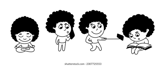 A curly-haired cute boy with big hair is meditating, talking on the phone, taking a selfie and reading a book. A set of actions of one character.