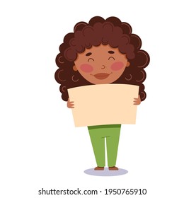 A curly-haired dark-skinned girl holds a sign with the text.