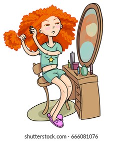 curly-haired girl looks in the mirror and combs hair