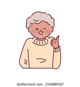 A curly-haired grandmother is cheering with her thumbs up. outline simple vector illustration.