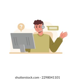 Curly-haired guy with headset answers call. Online user support, registration. Technical support of online consultants. Vector color male character in flat style