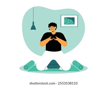 Curly-haired man meditating on a mat in a kneeling position supported by a special pillow, calm and peaceful atmosphere, vector illustration.