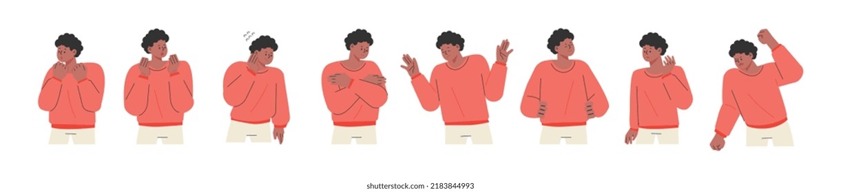 Curly-haired man in a red shirt. He expresses various emotions through gestures and facial expressions. flat design style vector illustration.