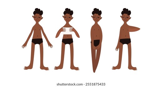 Menino pré-adolescente de cabelos encaracolados. Criança hispânica em baús de banho na praia. Quatro poses: de pé calmamente e relaxado, segurando um papel. Depressa. Caractere. Ilustração vetorial em desenhos animados