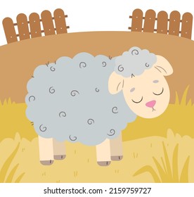 A curly-haired sheep stands in a clearing. Animal in cartoon style. Cute vector lamb on a farm behind a fence.