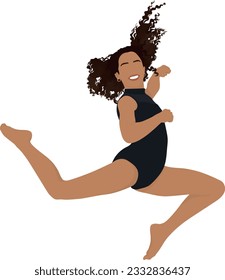 A curly-haired teenage girl gymnast performing