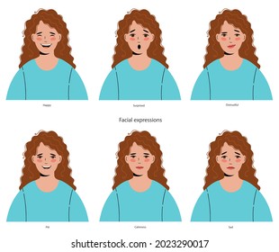 Curly-haired woman with a different set of facial expressions.