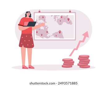 Curly-haired woman looking at the world map, marketing and increasing profits. Character design. Vector flat illustration