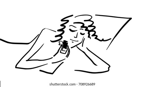 curly-haired woman is lying on a deckchair and is eating chocolate black and white drawing, vector sketch