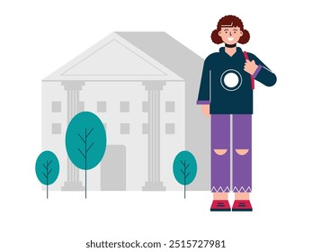 Curly-haired woman standing in front of campus building, new college students excited. Character design. Vector flat illustration