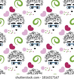 curly-headed boy (flushed) seamless repeat pattern  in next-level black, party pink, lime zest, boudoir red, nobility, little piglet and white